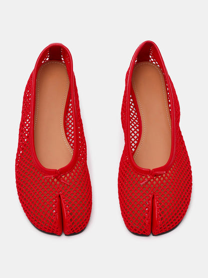 Red Mesh Split-Toe Slip-On Ballet Flats