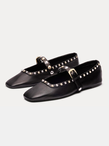 Black Square-Toe Buckle Middle Strap And Studs Flats