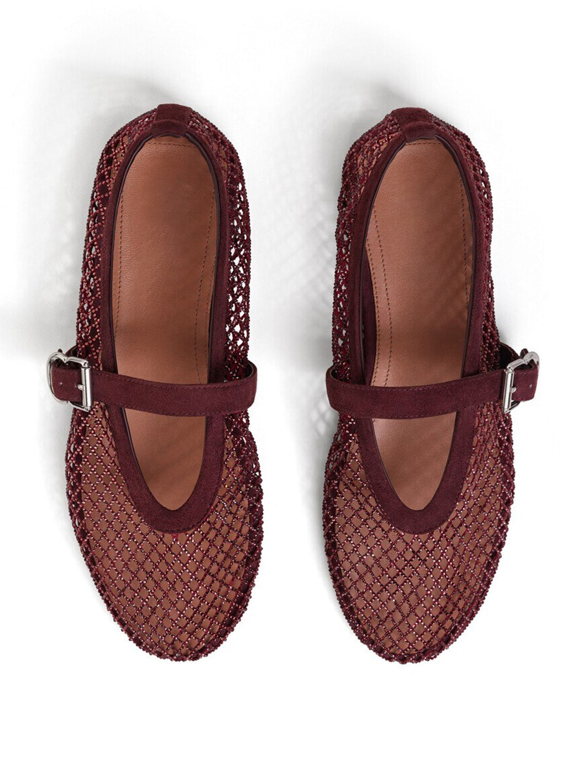 Dark Red Mesh And Faux Suede Round-Toe Buckle Mary Jane Ballet Flats