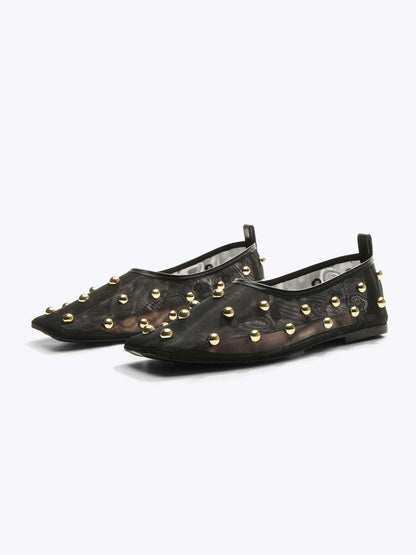Black Mesh Square-Toe Full Gold Studs Slip-On Ballet Flats