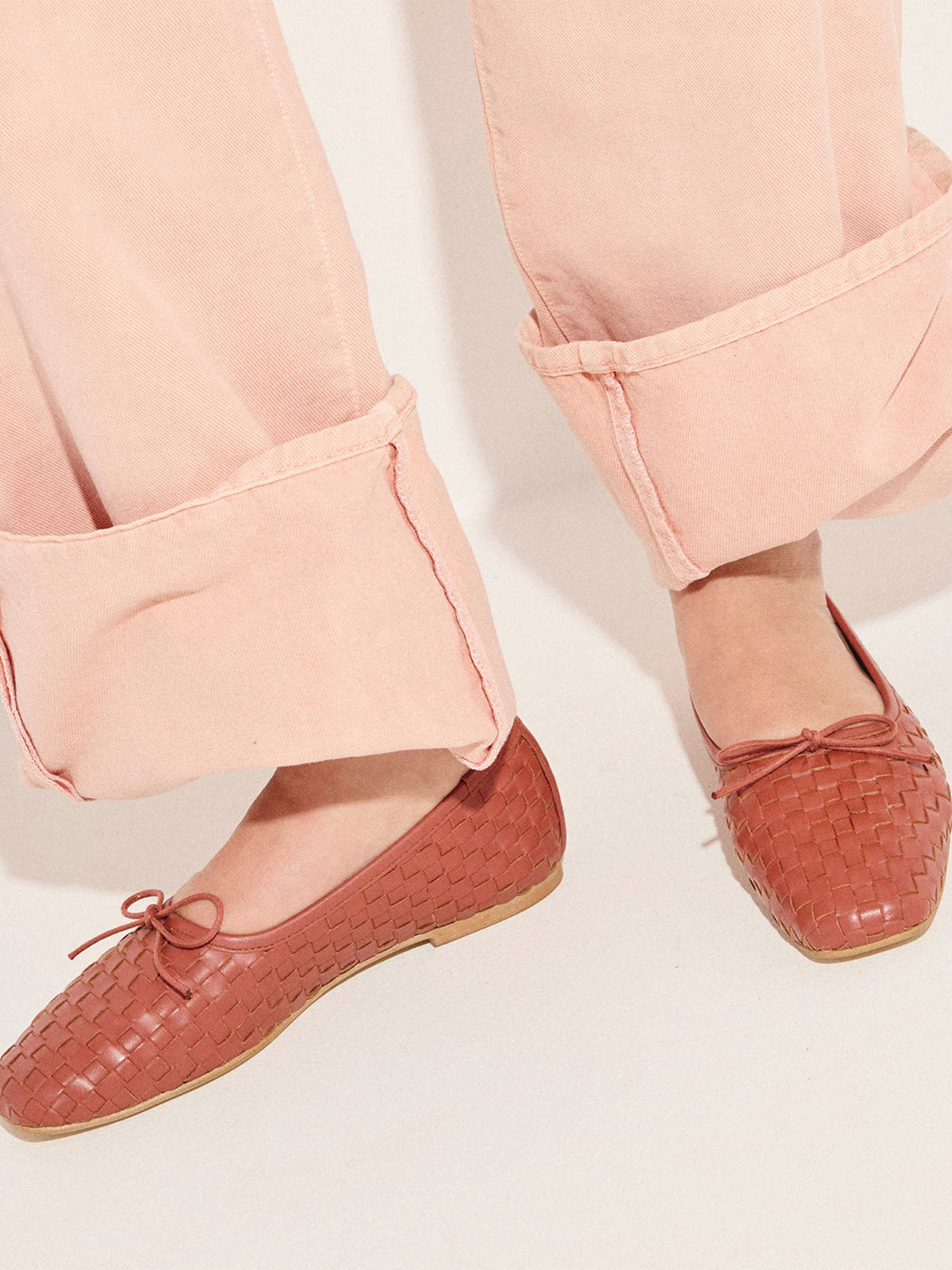Woven Vegan Leather Square-Toe Front Bow Slip-On Ballet Flats - Brick Brown