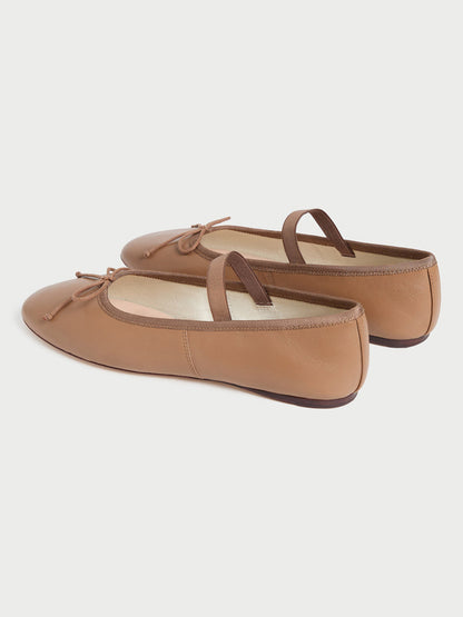 Khaki Vegan Leather Round-Toe Mary Jane Front Bow Ballet Flats