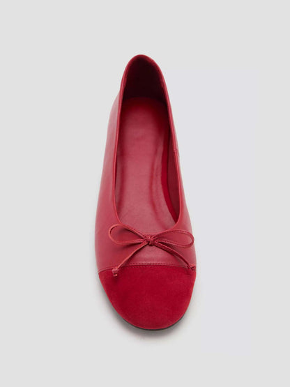 Red Vegan Leather And Faux Suede Round-Toe Front Bow Slip-On Ballet Flats