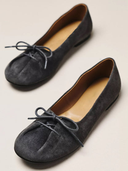 Dark Gray Faux Suede Round-Toe Front Bow Ballet Slip-On Flats
