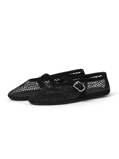 Black Mesh And Faux Suede Round-Toe Buckle Mary Jane Ballet Flats