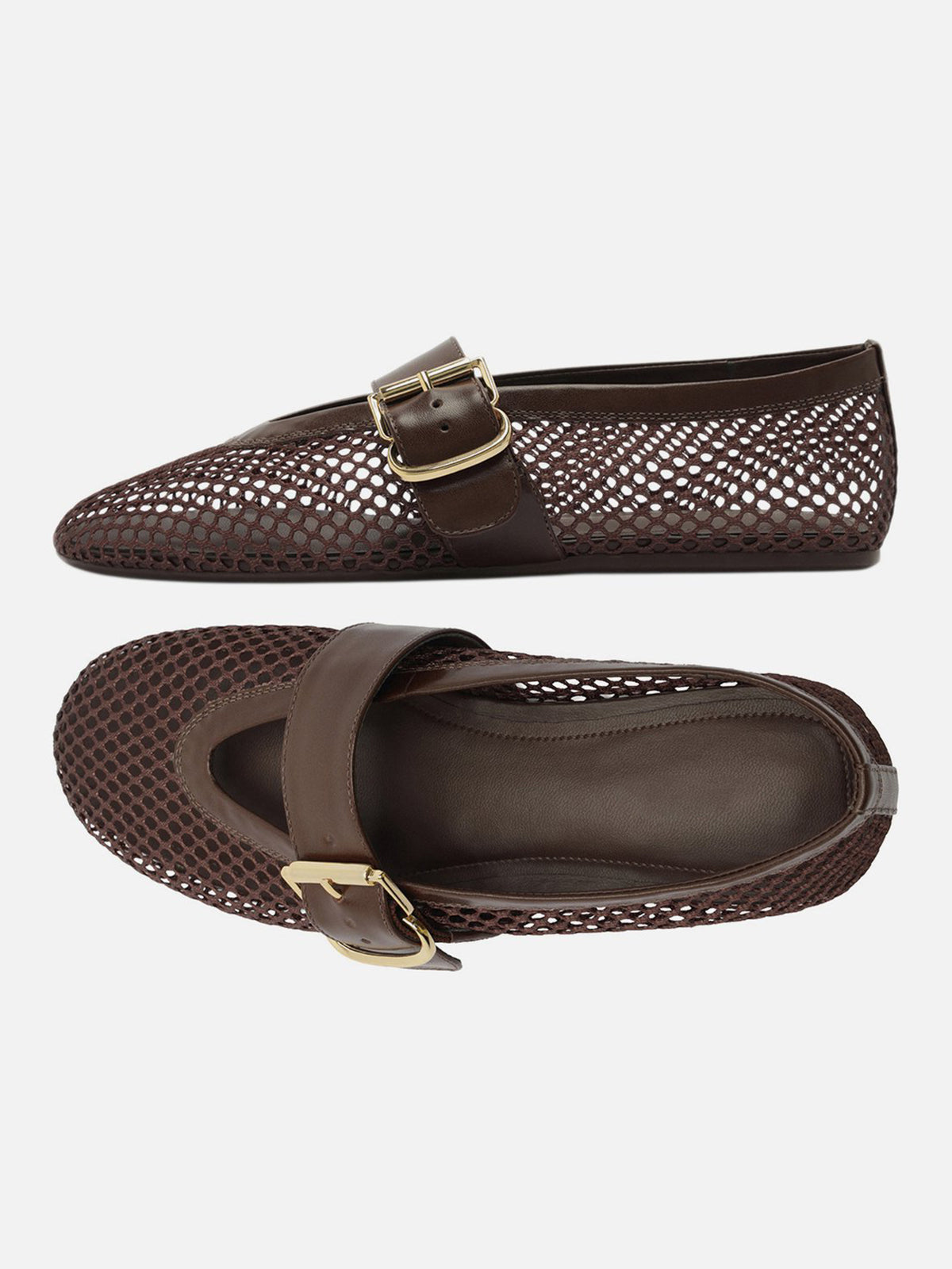 Coffee Mesh Round-Toe Buckle Wide Strap Slip-On Ballet Flats
