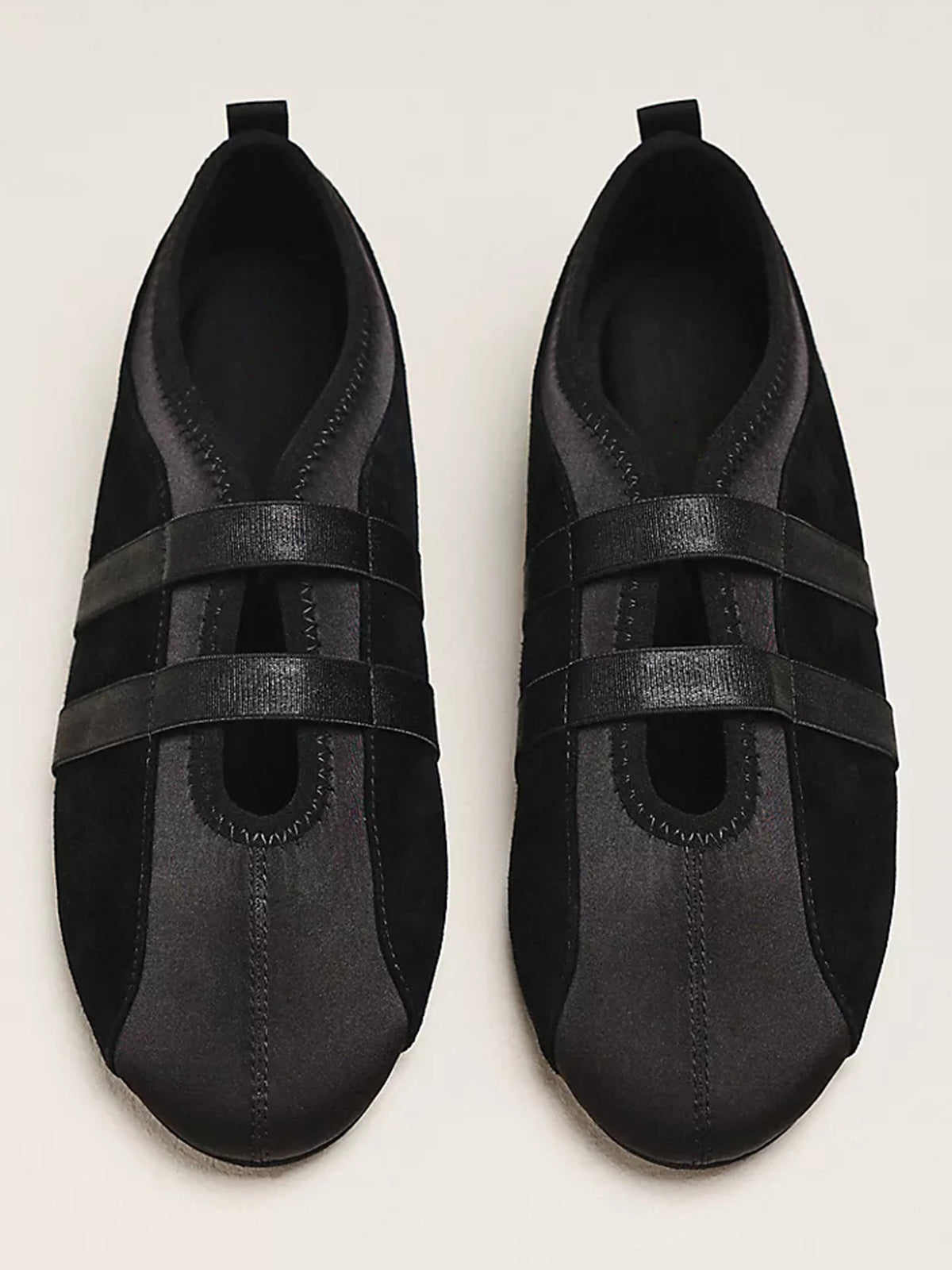 Black Faux Suede And Satin Round-Toe Double Middle Strap Sporty Ballet Sneakers