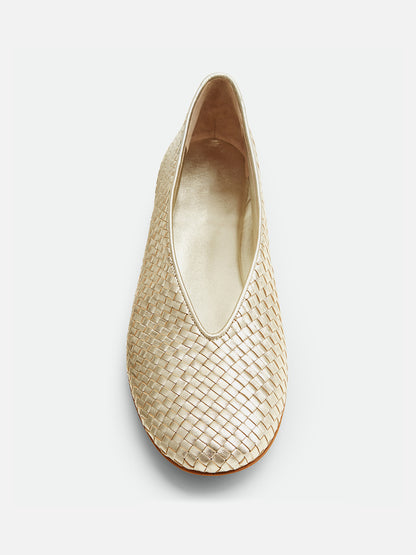 Metallic Platinum Woven Vegan Leather Round-Toe Classic Slip-On Ballet Flats
