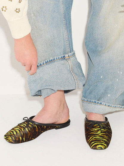 Vegan Leather Square-Toe Front Bow Slip-On Backless Flats - Tiger Pattern