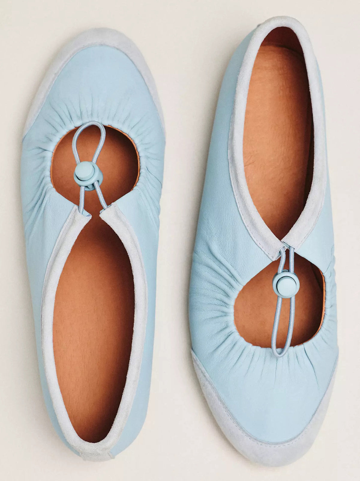 Sky Blue Faux Suede And Vegan Leather Round-Toe Mary Jane Ballet Flats