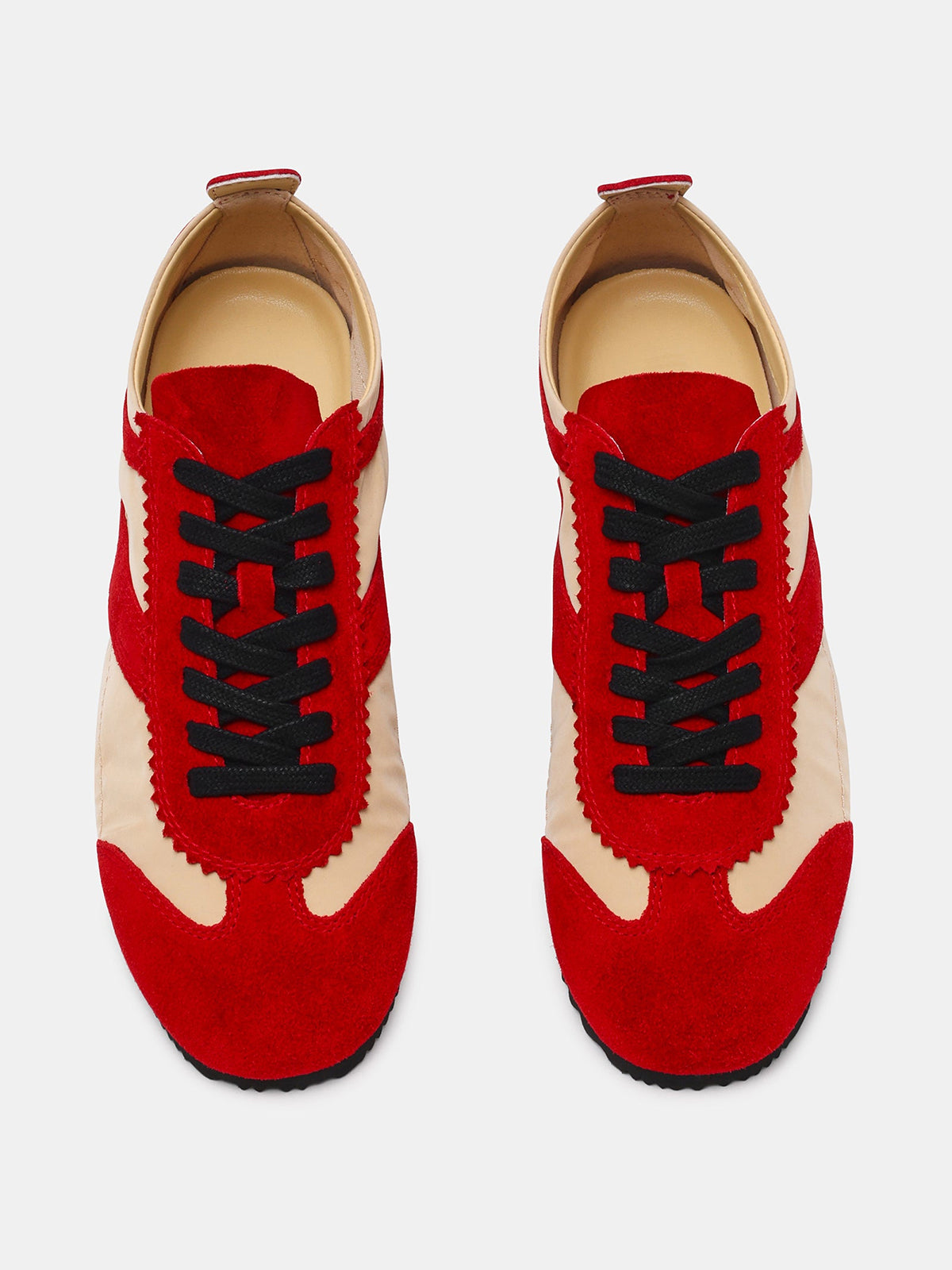 Red And Bone Cow Suede And Cloth Square-Toe Lace-Up Classic Flats Sneakers