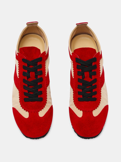 Red And Bone Cow Suede And Cloth Square-Toe Lace-Up Classic Flats Sneakers
