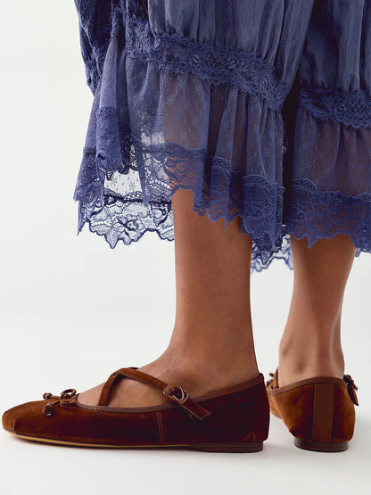 Dark Ginger Faux Suede Round-Toe Front Bow Crossed Straps Ballet Flats