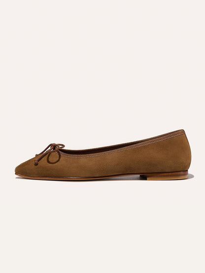 Front Bow Square-Toe Slip-On Chic Ballet Flats - Dark Tan Faux Suede