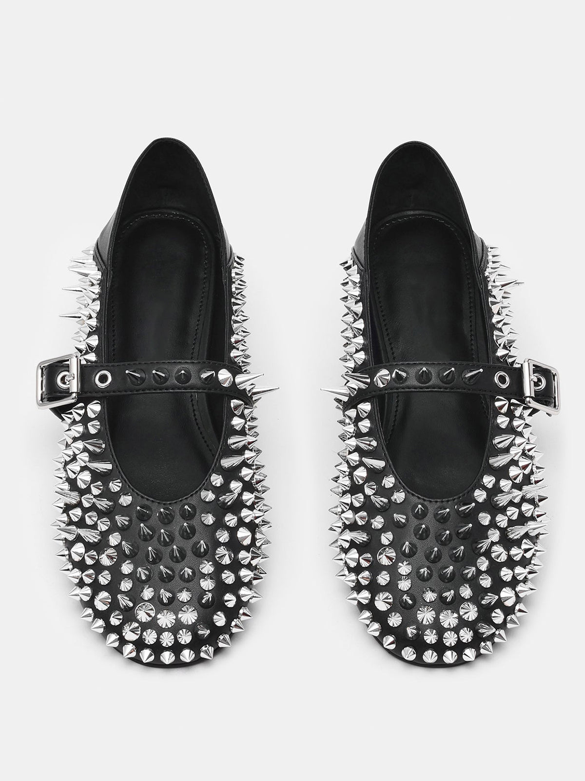 Black Round-Toe Full Rivet And Middle Strap Chic Ballet Flats