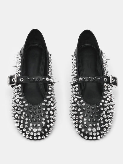 Black Round-Toe Full Rivet And Middle Strap Chic Ballet Flats