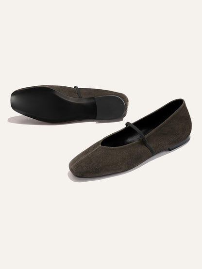 Mary Jane Square-Toe Slip-On Chic Ballet Flats - Dark Coffee Faux Suede
