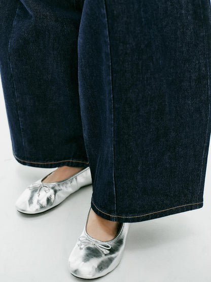 Metallic Silver Square-Toe Chic Front Bow Slip-On Classic Ballet Flats