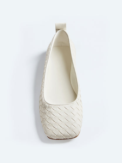 Ivory Woven Vegan Leather Square-Toe Classic Slip-On Ballet Flats