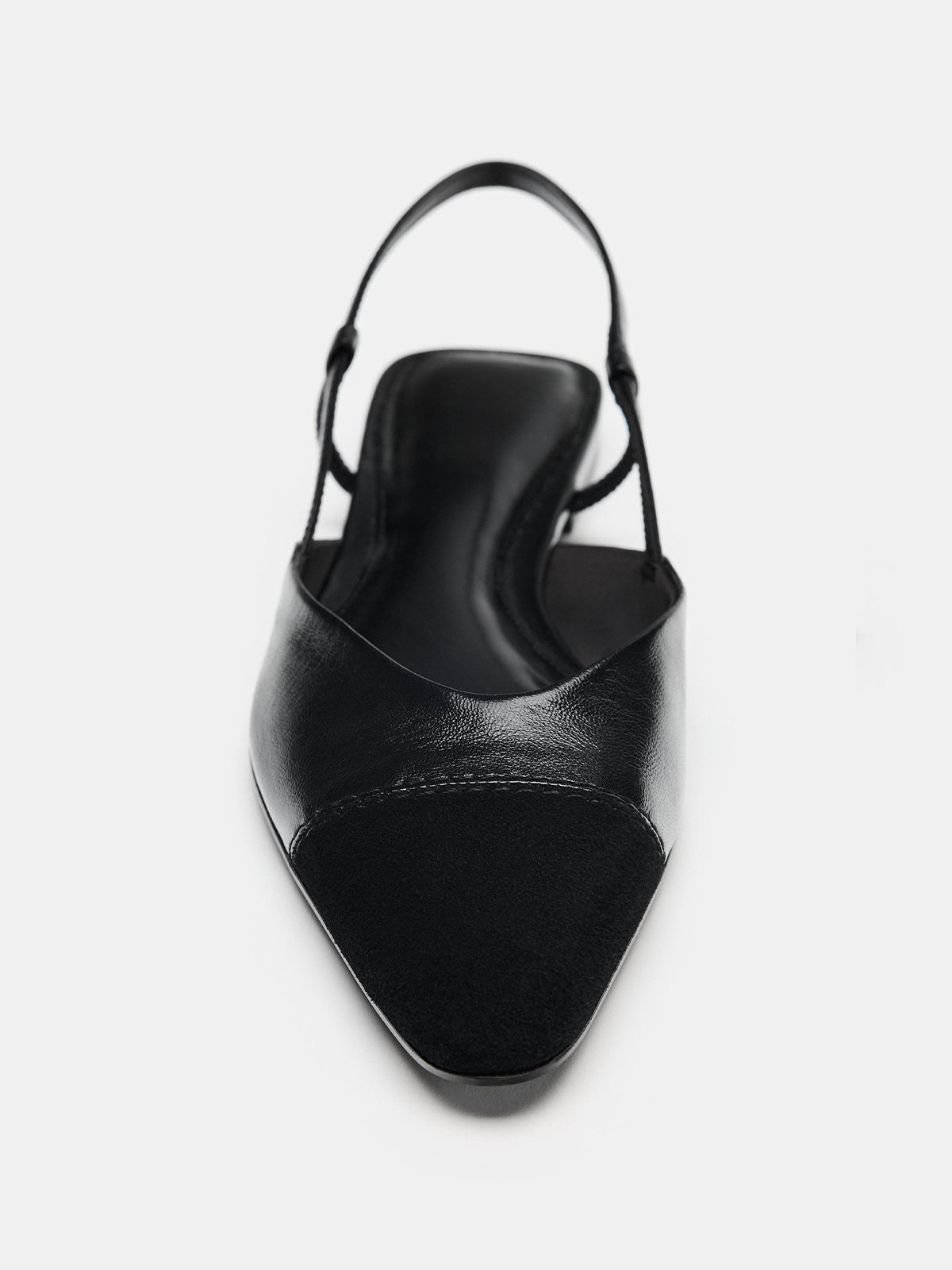 Black Vegan Leather And Faux Suede Pointed-Toe Back Strap Chic Flats