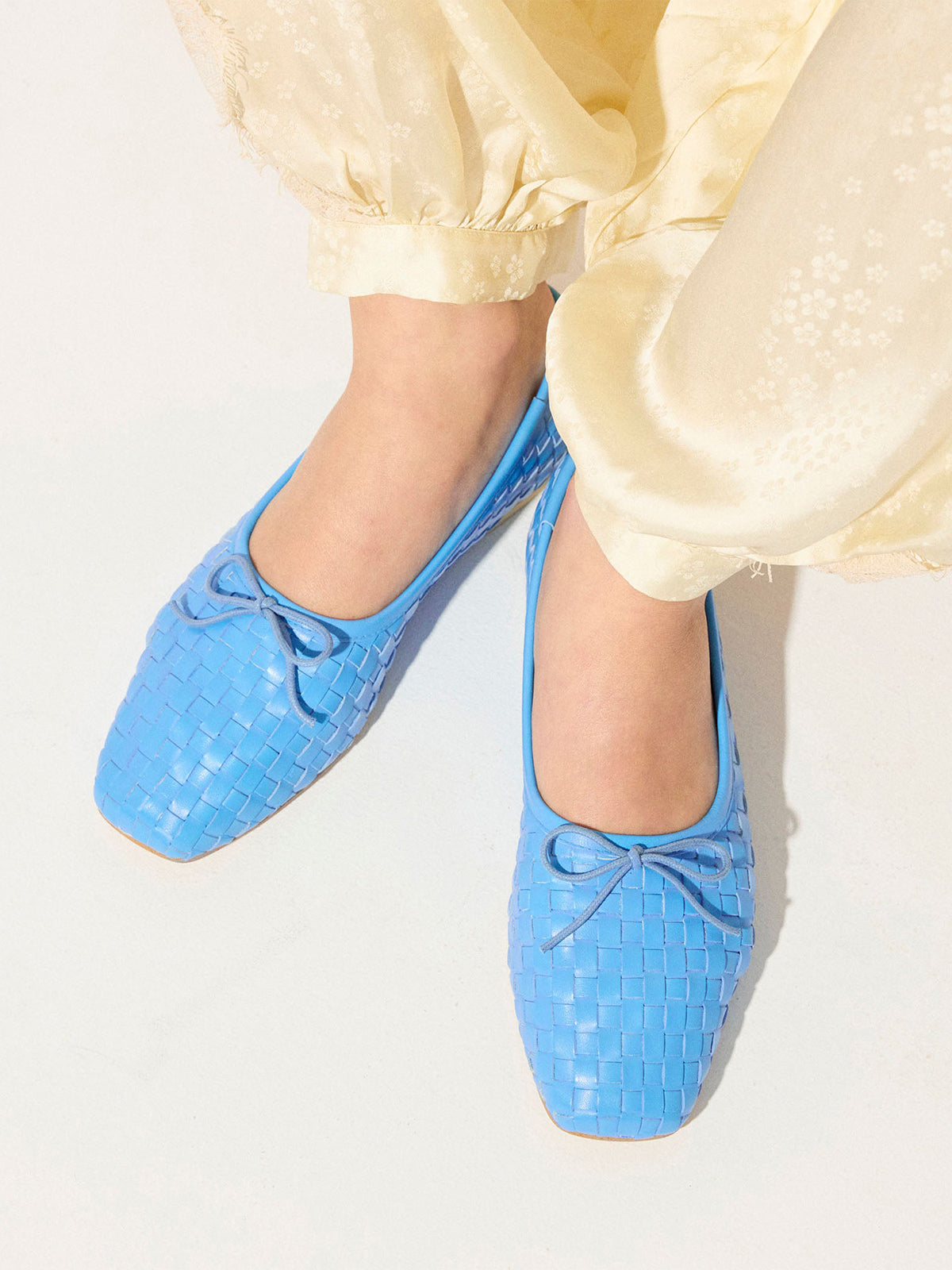 Woven Vegan Leather Square-Toe Front Bow Slip-On Ballet Flats - Blue