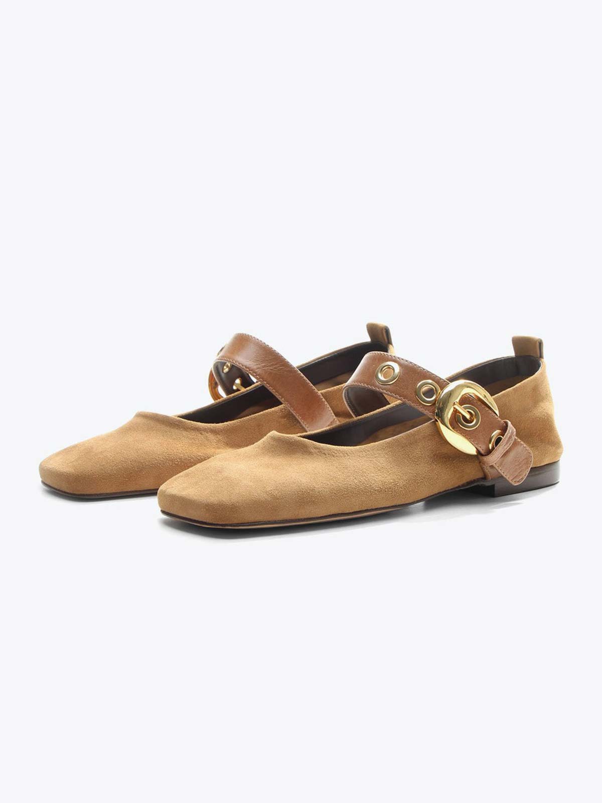Tan Faux Suede Square-Toe Buckle Wide Mary Jane Strap Ballet Flats