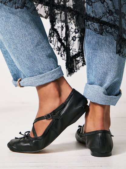 Black Round-Toe Front Bow Crossed Straps Ballet Flats
