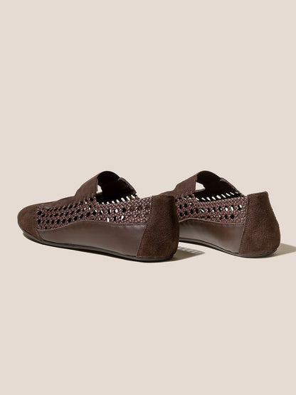 Dark Brown Woven Vegan Leather Round-Toe Chic Mary Jane Flats