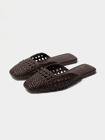 Woven Vegan Leather Square-Toe Cutout Backless Flats - Chocolate