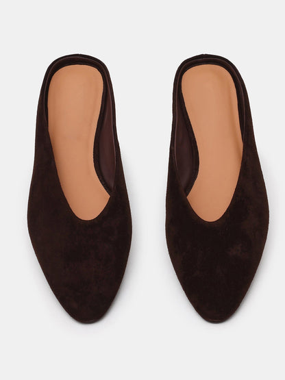 Brown Faux Suede Pointed-Toe Backless Simple Slip-On Flats