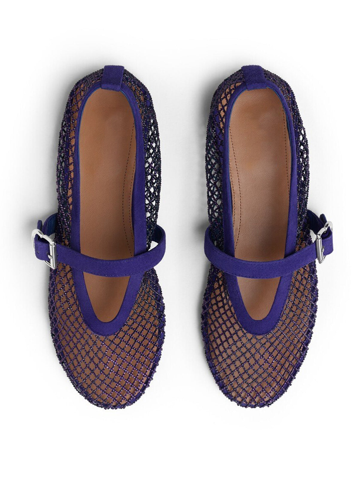 Dark Blue Mesh And Faux Suede Round-Toe Buckle Mary Jane Ballet Flats