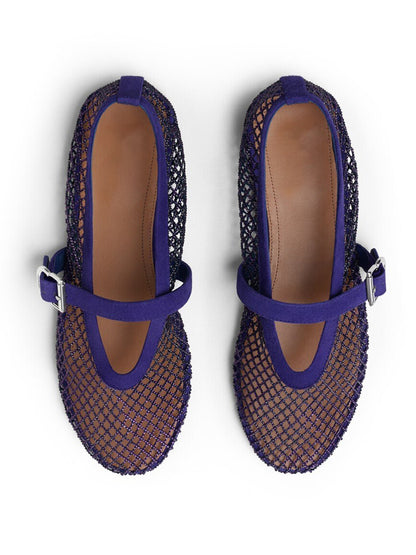 Dark Blue Mesh And Faux Suede Round-Toe Buckle Mary Jane Ballet Flats