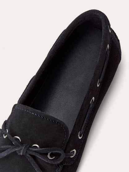 Dark Navy Faux Suede Round-Toe Front Bow And Lace Edge With Eyelets Flats