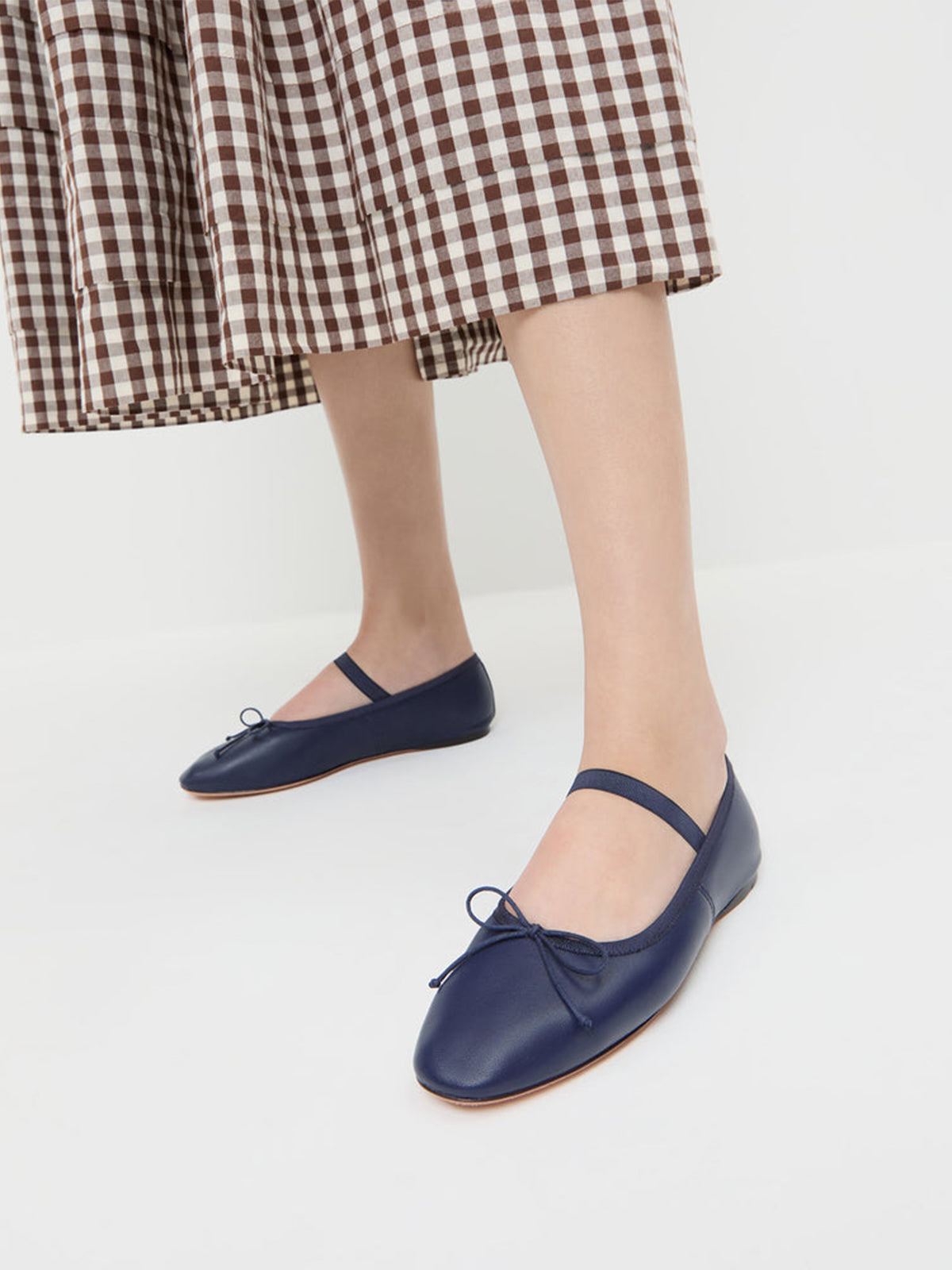 Navy Vegan Leather Round-Toe Mary Jane Front Bow Ballet Flats