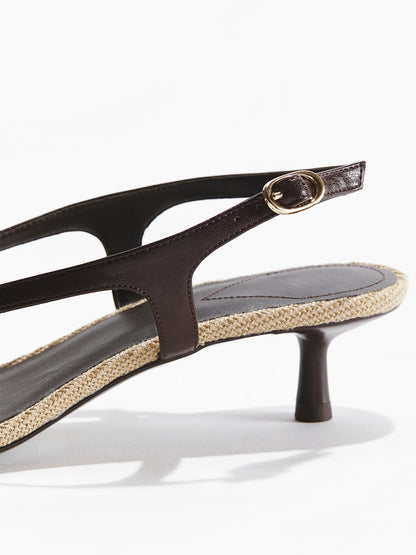 Dark Brown Square-Toe Flip-Flop Slingback Kitten Heels