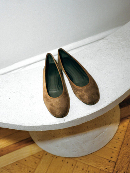 Slip-On Round-Toe Chic Simple Ballet Flats - Brown Faux Suede