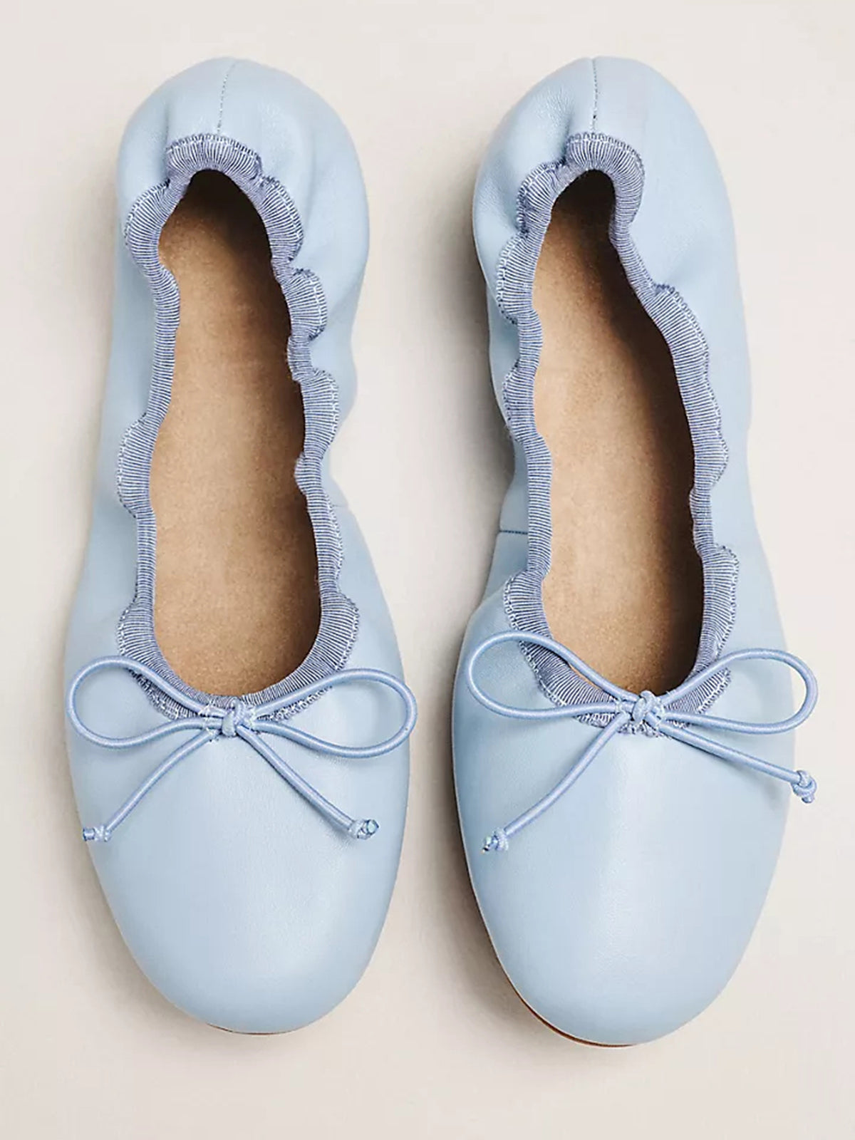 Blue Round-Toe Slip-On Classic Ballet Flats With Front Bow