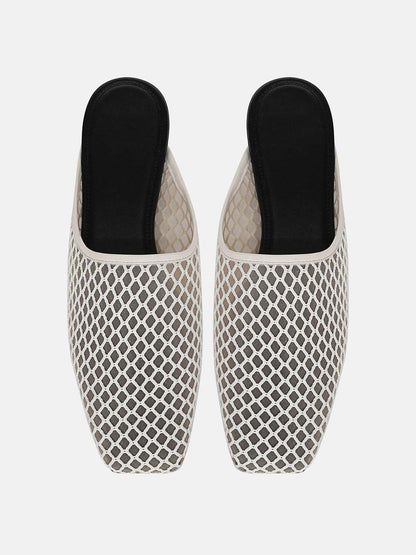 Ivory Mesh Square-Toe Chic Backless Simple Flats