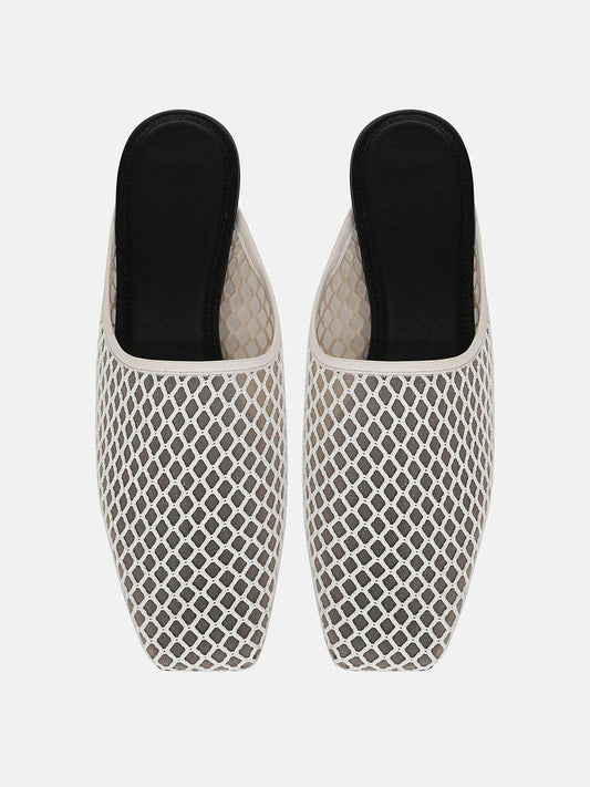 Ivory Mesh Square-Toe Chic Backless Simple Flats