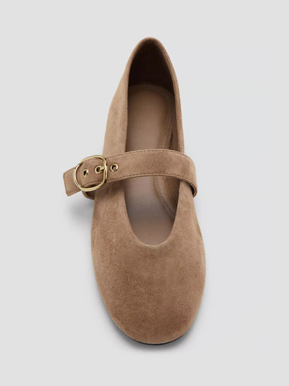 Sand Faux Suede Round-Toe Buckle Mary Jane Ballet Flats