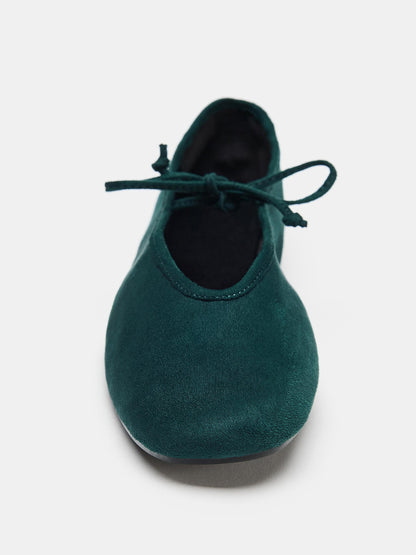 Dark Green Faux Suede Square-Toe Middle Strap Ballet Flats