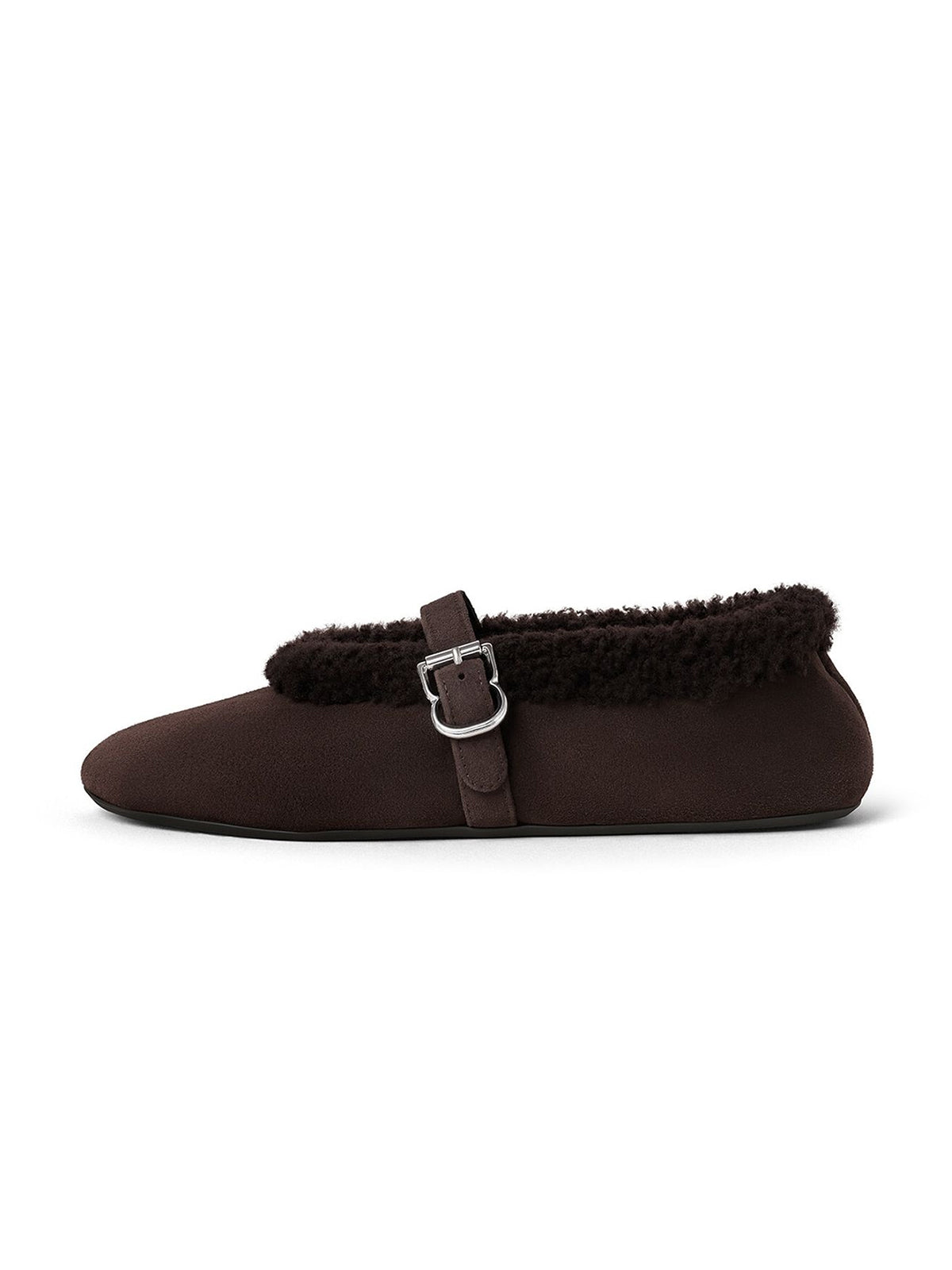 Coffee Faux Suede And Plush Round-Toe Mary Jane Slip-On Flats