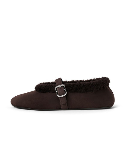 Coffee Faux Suede And Plush Round-Toe Mary Jane Slip-On Flats