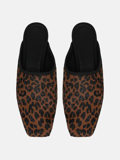 Brown Leopard Pattern Square-Toe Chic Backless Simple Flats