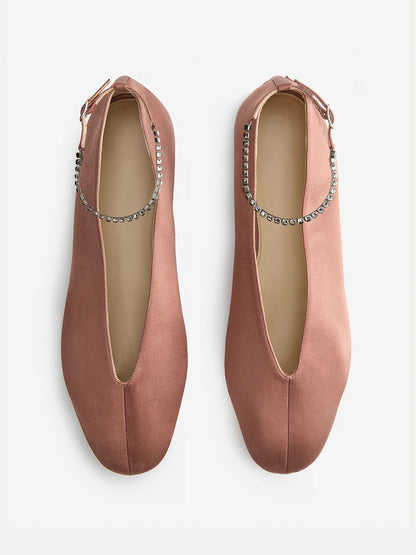 Coffee Satin Square-Toe Slip-On And Ankle Strap Ballet Flats