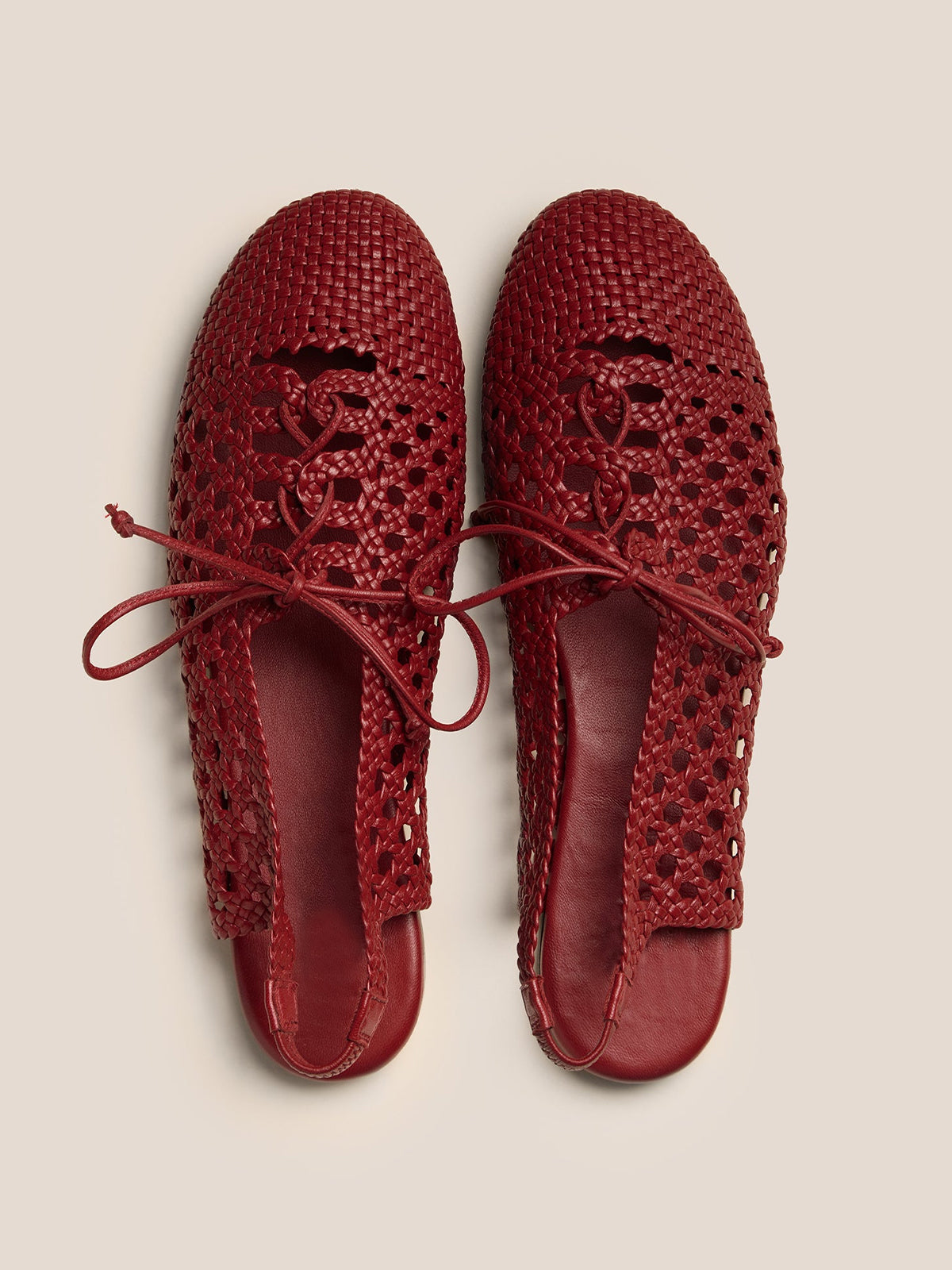 Cherry Red Woven Vegan Leather Round-Toe Lace-Up And Slingback Flats Sandals