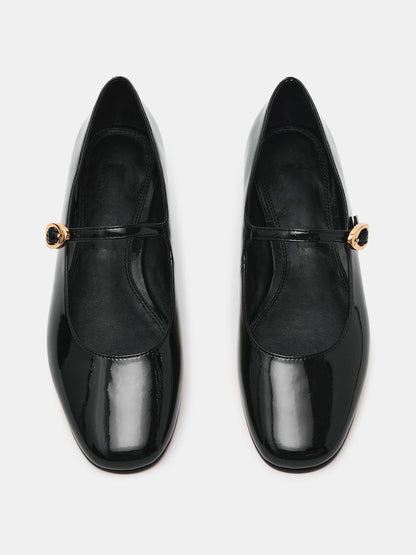 Black Patent Leather Square-Toe Buckle Mary Jane Ballet Flats