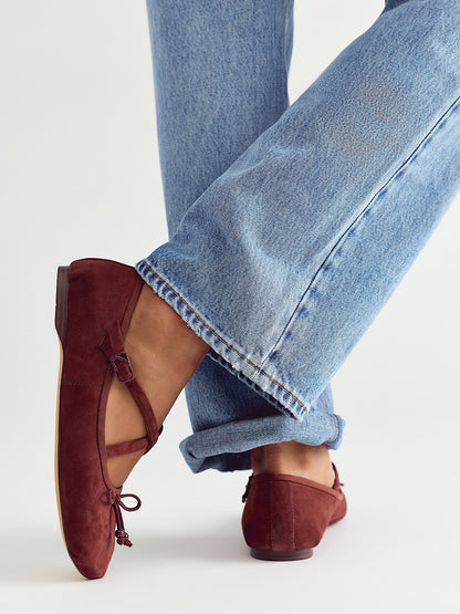 Dark Brown Faux Suede Round-Toe Front Bow Crossed Straps Ballet Flats