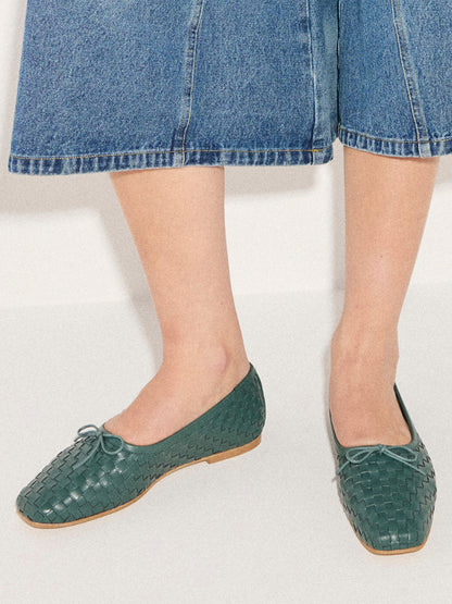 Woven Vegan Leather Square-Toe Front Bow Slip-On Ballet Flats - Green