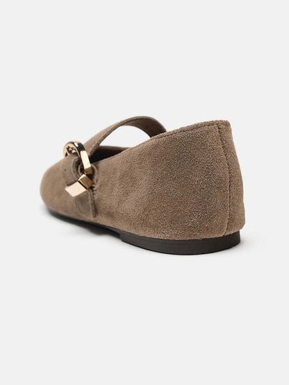 Taupe Faux Suede Round-Toe Buckle Middle Strap Slip-On Ballet Chic Flats